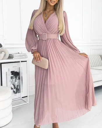 Rochie lunga plisata din chiffon roz pudrat cu maneca lunga vaporoasa Vaneira