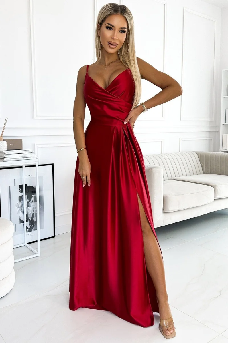 Rochie lunga rosie din satin crapata pe picior Scarlett