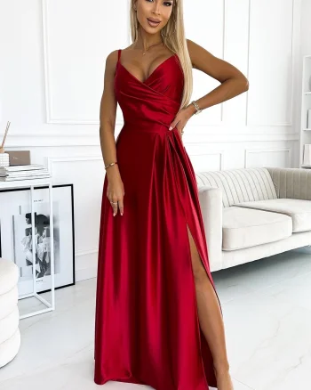 Rochie lunga rosie din satin crapata pe picior Scarlett