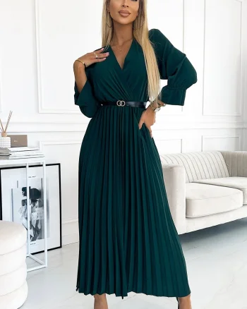 Rochie lunga verde smarald plisata Zumru