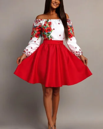 Rochie traditionala midi din tafta rosie cu maci Azra