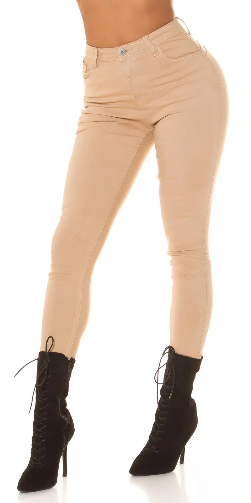 Blugi dama cu push up, skinny, bej, din bumbac, mulati, cu talia inalta, Haley