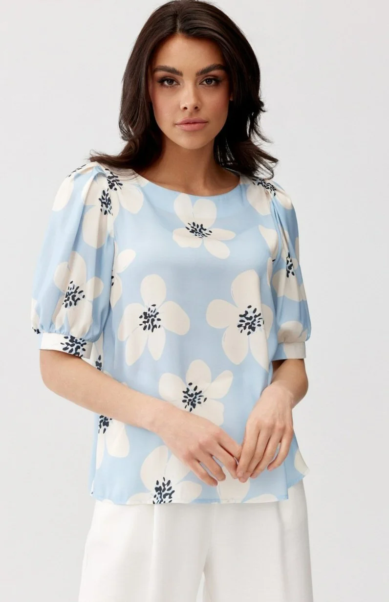 Bluza dama eleganta, bleu cu flori, vaporoasa, JennaR