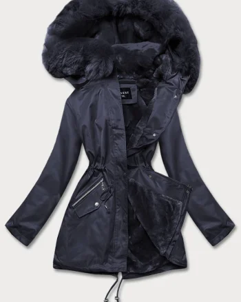 Geaca dama de iarna, bleumarin navy, parka, cu gluga si blanita, Varma