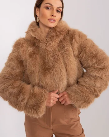 Geaca dama scurta, din blana eco, maro, cu gluga, Lubelle8