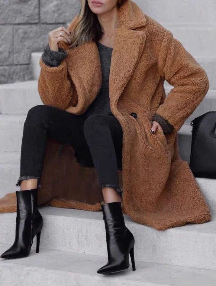 Palton dama de iarna midi, imitatie blana, maro, TeddyBear