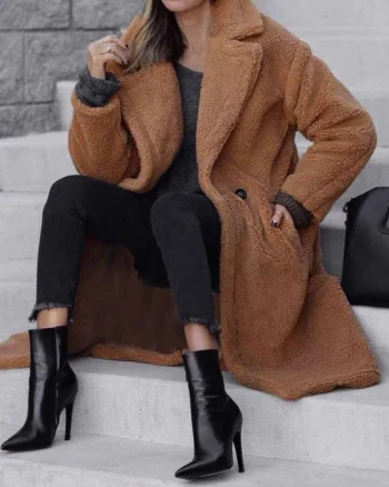 Palton dama de iarna midi, imitatie blana, maro, TeddyBear