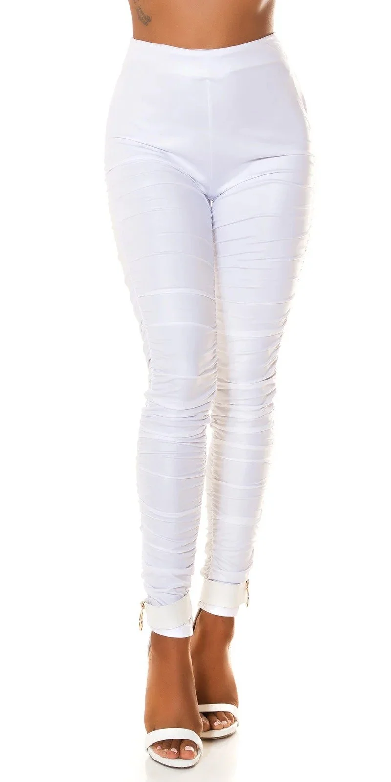 Pantaloni dama casual albi incretiti cu talia inalta WetLook Kelne