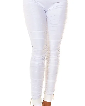 Pantaloni dama casual albi incretiti cu talia inalta WetLook Kelne