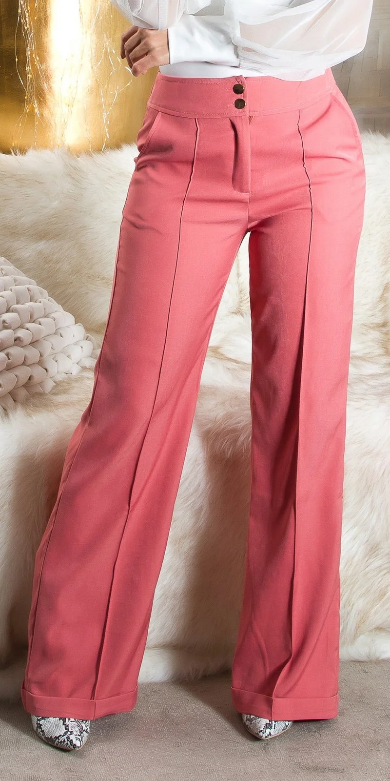 Pantaloni dama evazati, roz somon, cu talia inalta, Deussa