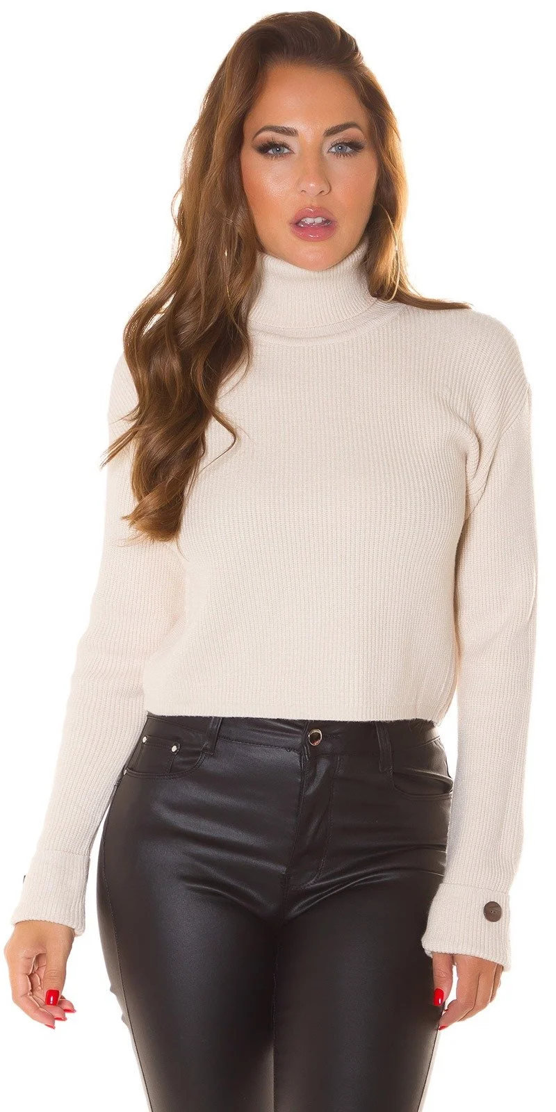 Pulover dama tricotat, crop, bej, cu guler inalt Faylinn