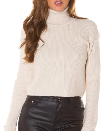 Pulover dama tricotat, crop, bej, cu guler inalt Faylinn