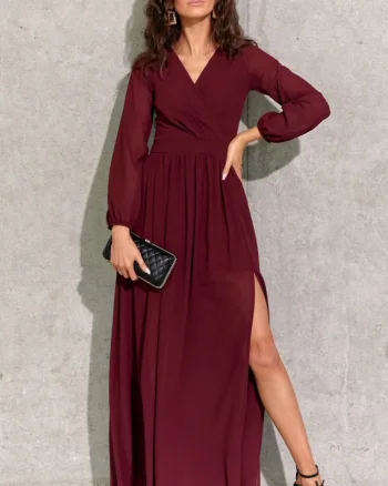 Rochie  lunga din voal chiffon burgundy vaporoasa cu maneca lunga Stella