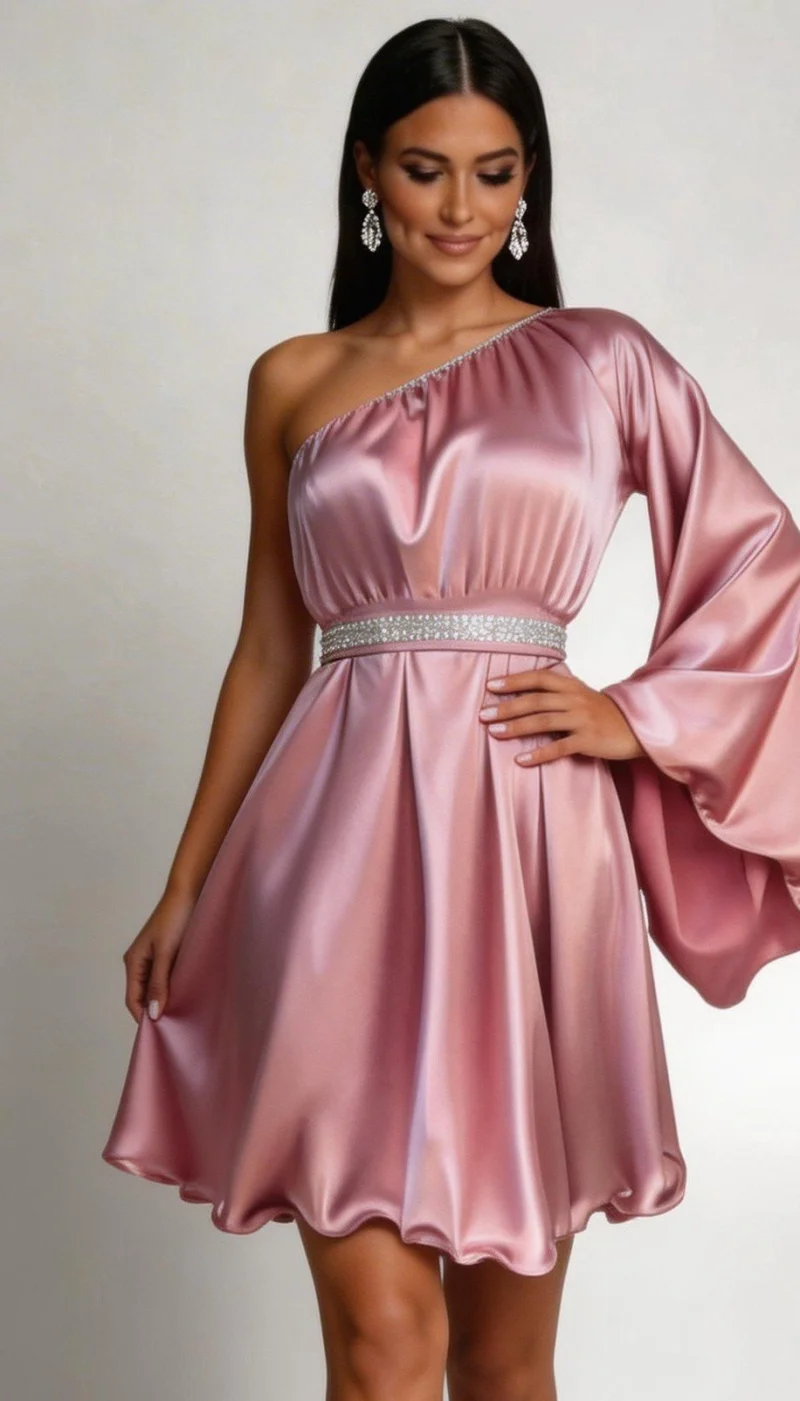 Rochie baby doll din satin roz cu maneca lunga Melike