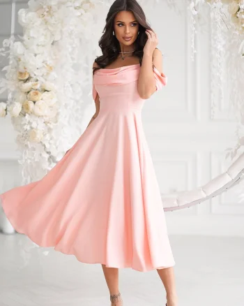 Rochie baby doll midi roz caisa cu umerii goi evazata Anelisa