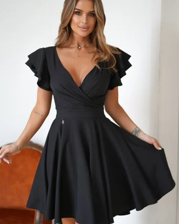 Rochie baby doll neagra din vascoza in clos cu volane la maneca Everly