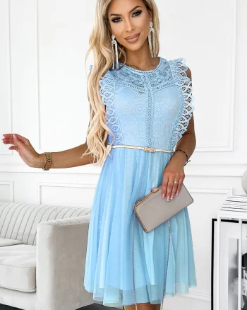 Rochie baby doll scurta din dantela si tulle baby blue Delcia