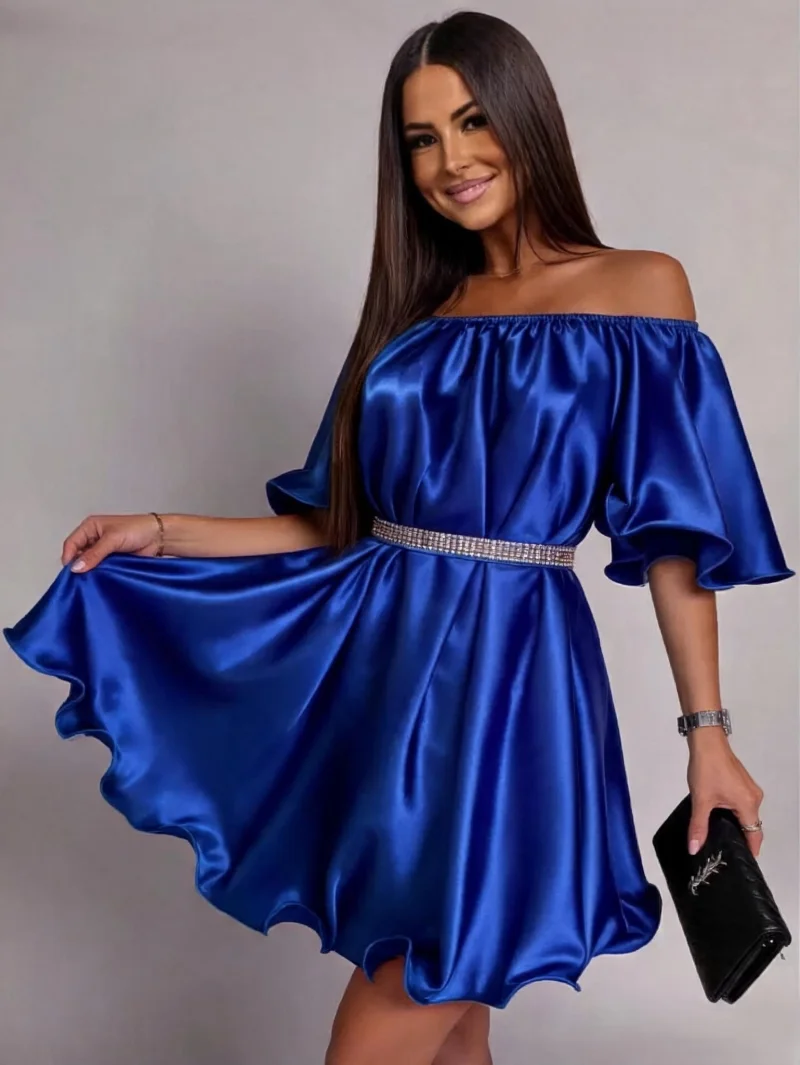 Rochie baby doll scurta din satin albastra Jimena