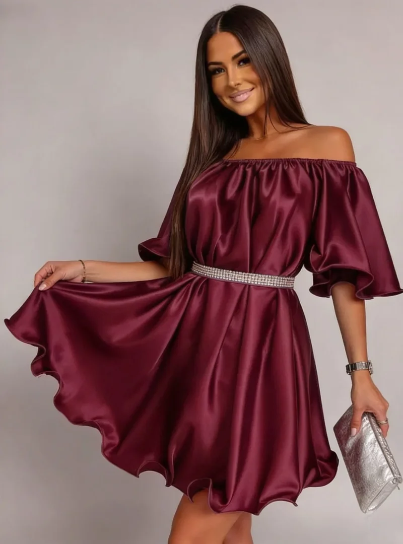 Rochie baby doll scurta din satin burgundy Jimena