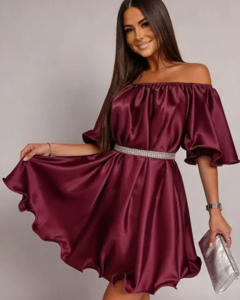 Rochie baby doll scurta din satin burgundy Jimena
