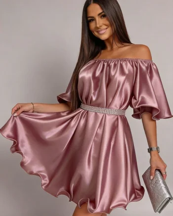 Rochie baby doll scurta din satin roz pal Jimena