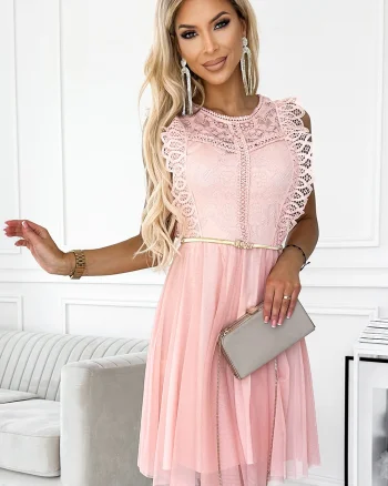 Rochie baby doll scurta roz piersica din dantela si tul Delcia