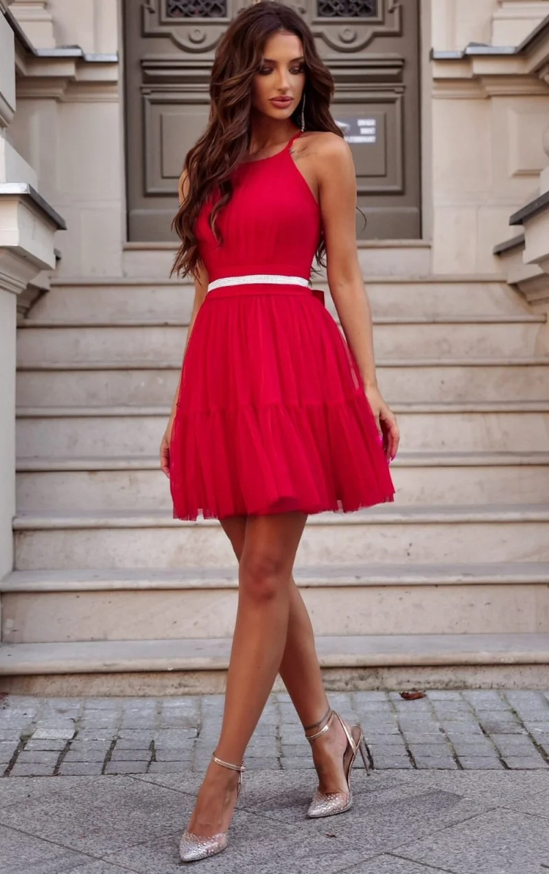 Rochie baby doll scurta, din chiffon, rosie, cu umerii goi, vaporoasa, CristalW