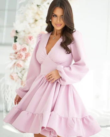 Rochie babydoll scurta roz pal cu volane suprapuse si maneca lunga Rouelle