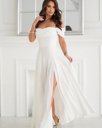 Rochie cununie civila lunga glitter alba cu umerii goi vaporoasa Delight