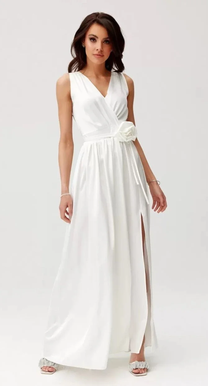 Rochie cununie civila lunga, din satin, alba, cu floare in talie, PalomaR