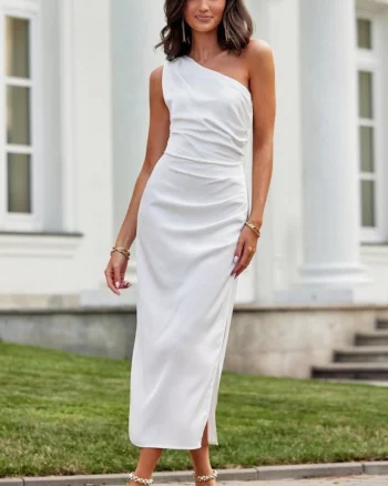 Rochie cununie civila lunga, din satin, alba, cu un umar gol, Lamia
