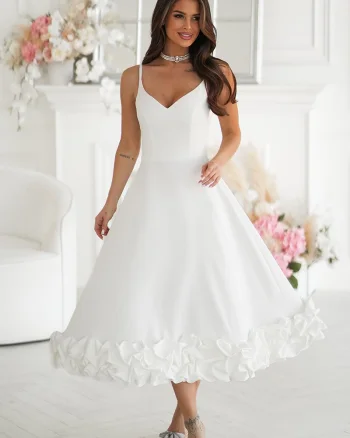 Rochie de cununie civila midi alba in clos cu volan tridimensional Jasmina