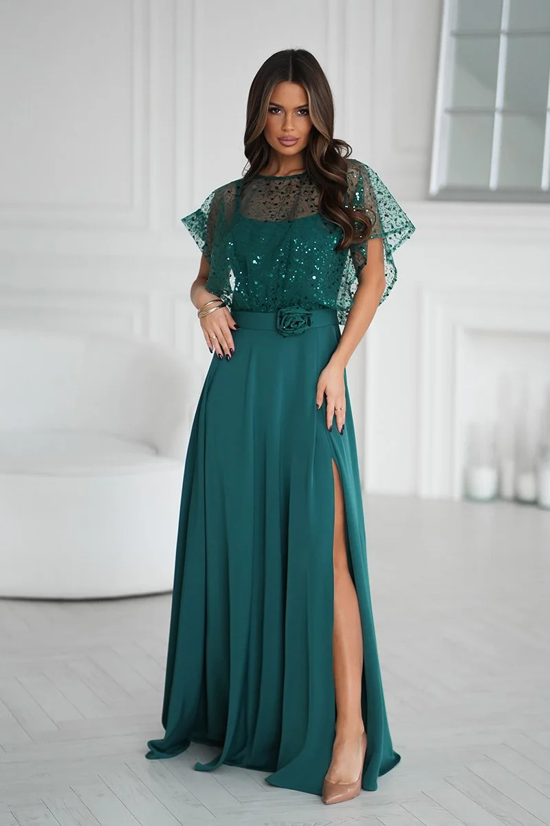 Rochie de nunta lunga verde smarald cu paiete pe bust vaporoasa Azaliya