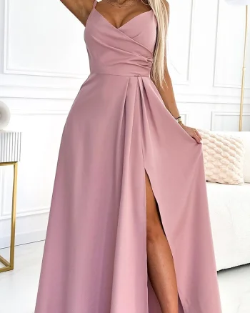 Rochie de ocazie eleganta lunga roz pudrat petrecuta Scarlett