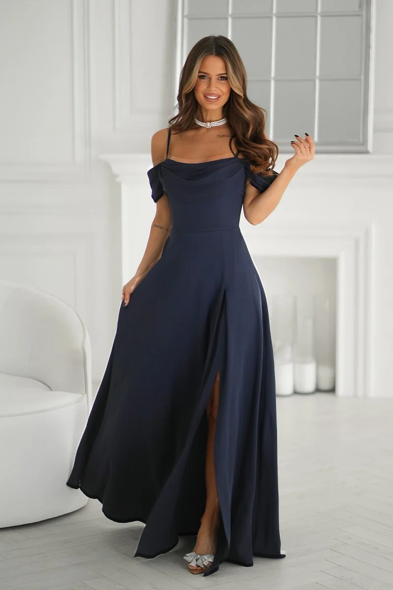 Rochie de ocazie lunga bleumarin navy cu umerii goi vaporoasa Katiya