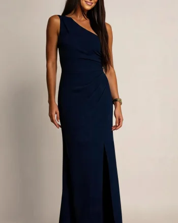 Rochie de ocazie lunga bleumarin navy mulata crapata pe picior cu un umar gol CelestiaR