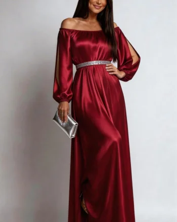 Rochie de ocazie lunga burgundy din satin vaporoasa cu maneca lunga Larisa
