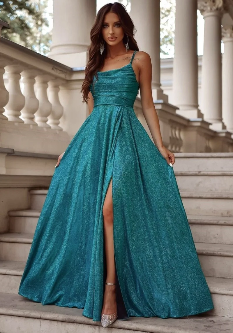 Rochie de ocazie lunga din glitter verde cu bust tip corset ValeriaLux