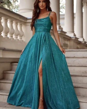 Rochie de ocazie lunga din glitter verde cu bust tip corset ValeriaLux