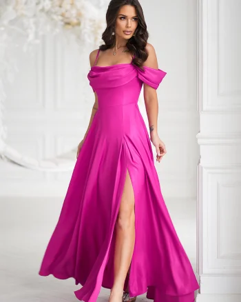 Rochie de ocazie lunga glitter roz fucsia cu umerii goi vaporoasa Delight