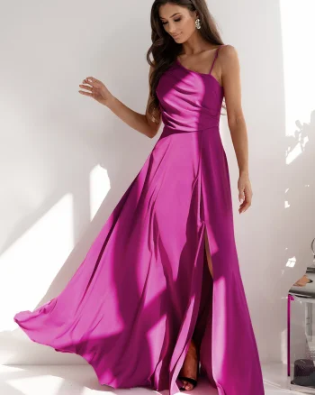 Rochie de ocazie lunga roz magenta cu un umar gol vaporoasa Monako