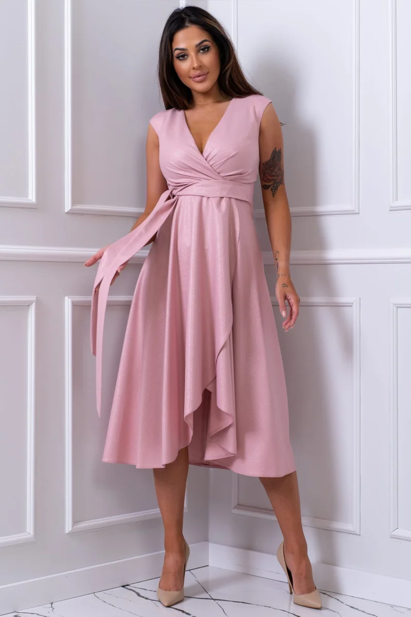 Rochie de ocazie midi din brocard roz pudra petrecuta asimetrica Greta