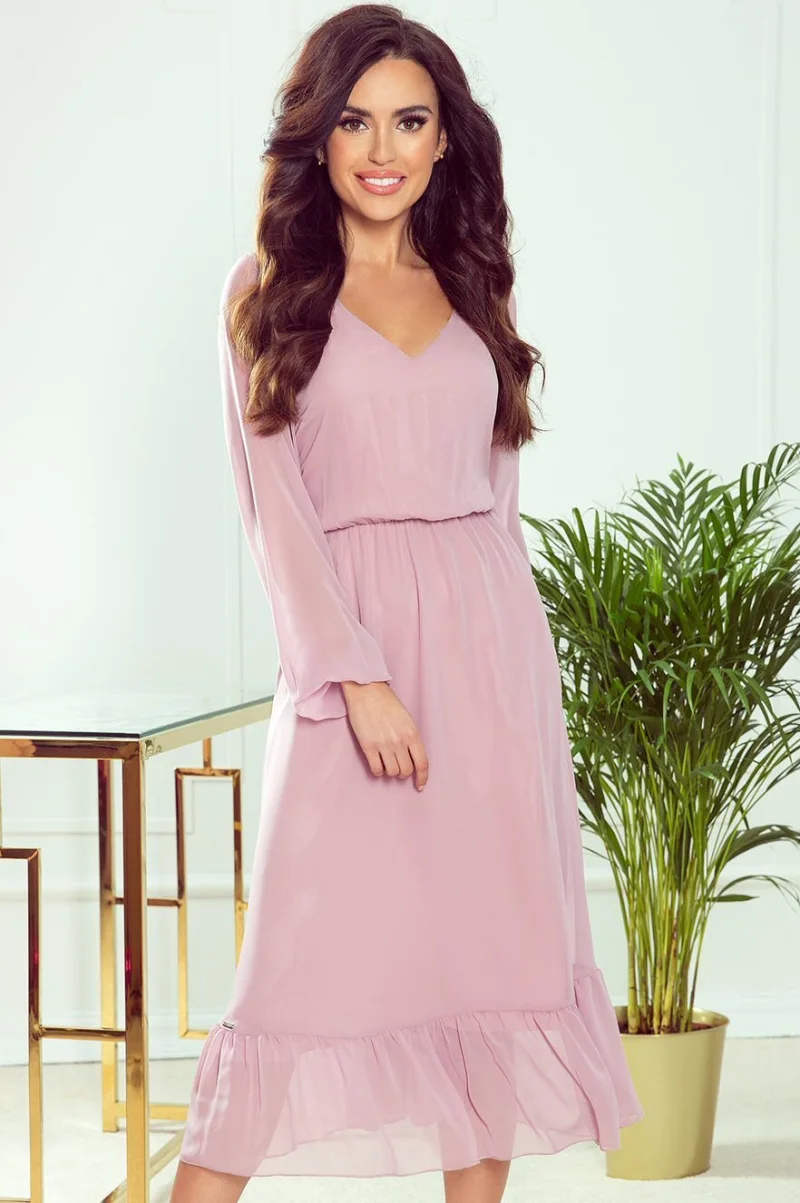 Rochie de ocazie midi roz pudrat din chiffon cu maneca lunga Calina
