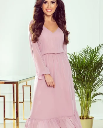 Rochie de ocazie midi roz pudrat din chiffon cu maneca lunga Calina