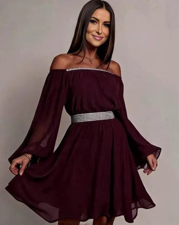 Rochie de ocazie midi vaporoasa din voal mov Alexia