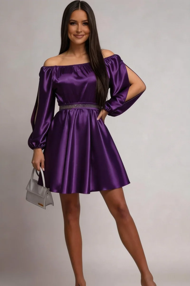 Rochie de ocazie scurta din satin mov babydoll cu umerii goi Calirroe