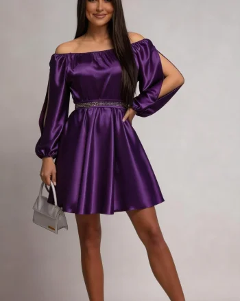 Rochie de ocazie scurta din satin mov babydoll cu umerii goi Calirroe