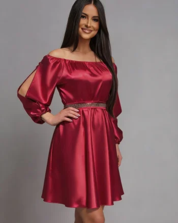 Rochie de ocazie scurta rosie din satin babydoll cu umerii goi Calirroe