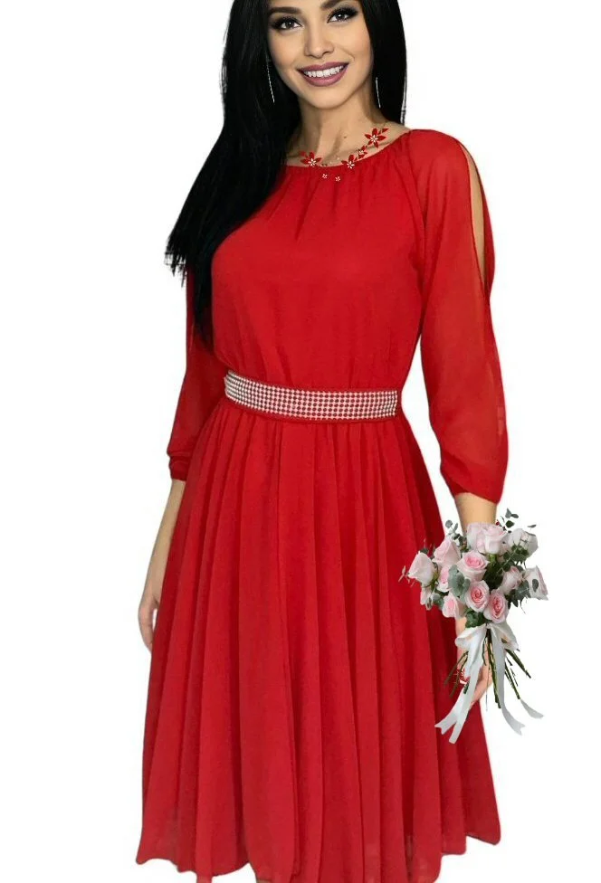 Rochie de ocazie scurta rosie din voal cu maneca trei sferturi Larra