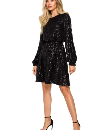 Rochie de seara eleganta midi neagra din paiete cu maneca lunga Naomi